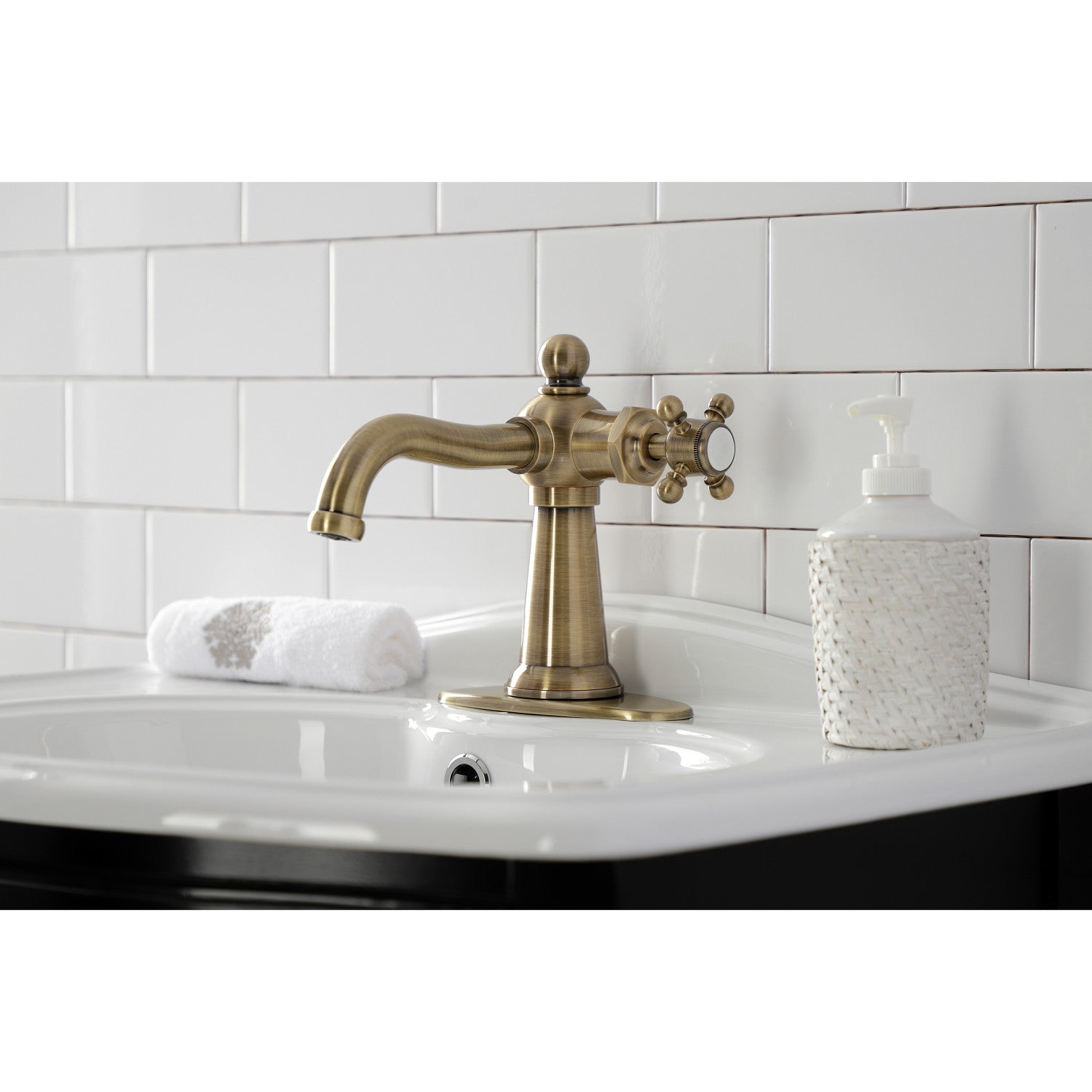 Kingston Heirloom KSD154BXAB - Nautical One-Handle 1-Hole Bathroom Faucet with Deck Plate and Push Pop-Up Drain, Antique Brass — thumbnail 3